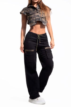 SET LEVANTA COLA NEGRO CON BOLSILLOS CARGO EN LATERALES  CHALECO  BOTA ANCHA- 64399