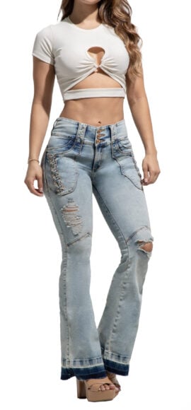 JEANS LEVANTA COLA AZUL CLARO JASPEADO CON DESTROYED BOTA RECTA -50511