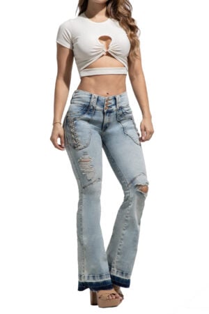 JEANS LEVANTA COLA AZUL CLARO JASPEADO CON DESTROYED BOTA RECTA -50511