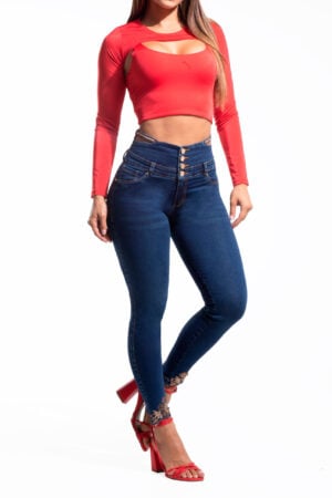 CONJEANS LEVANTA COLA AZUL MEDIO SIN BOLSILLOS BORDADO AVERTURA EN PRETENIA  BOTA SKINNY – 71237