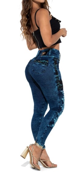 JEANS LEVANTA COLA AZUL OSCUROCON DESTROYED BLONDA NEGRA BOTA SKINNY- 90713