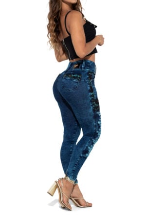 JEANS LEVANTA COLA AZUL OSCUROCON DESTROYED BLONDA NEGRA BOTA SKINNY- 90713