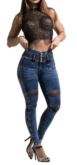 JEANS LEVANTACOLA AZUL CLARO Y GRIS CON PEDRERIA Y PANTALLA EN LATEREALES  BOTA SKINNY SIN BOLSILLOS   – 64454