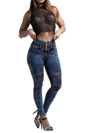 JEANS LEVANTACOLA AZUL CLARO Y GRIS CON PEDRERIA Y PANTALLA EN LATEREALES  BOTA SKINNY SIN BOLSILLOS   – 64454