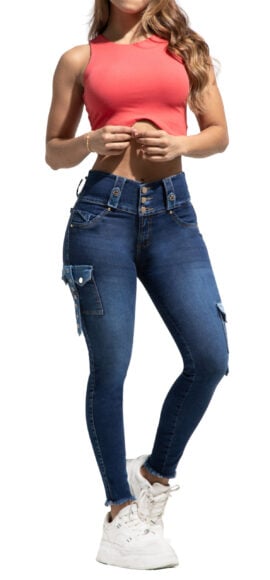 JEANS LEVANTACOLA AZUL OSCURO CON DISEÑO EN BOLSILLOS BOTA SKINNY CON TERMINACIÓN RÚSTICA- 80798
