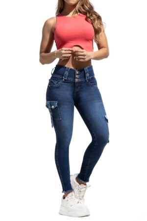 JEANS LEVANTACOLA AZUL OSCURO CON DISEÑO EN BOLSILLOS BOTA SKINNY CON TERMINACIÓN RÚSTICA- 80798