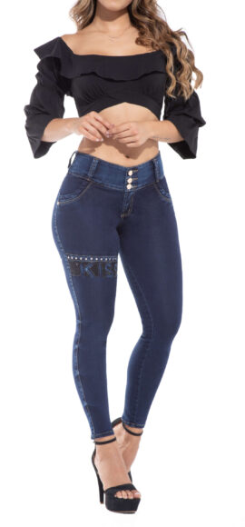 JEANS LEVANTA COLA AZUL OSCURO CON CORTE Y BORDADO EN PIERNA DERECHA PEDRERIA Y DISEÑO EN BOLSILLOS – 64314