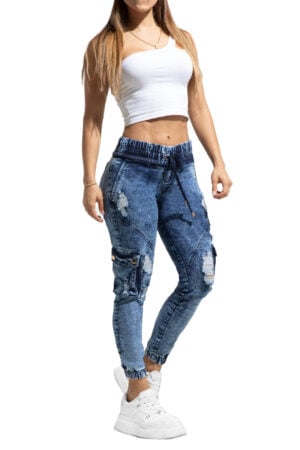 JEANS LEVANTACOLA AZUL MEDIO JASPEADO TIPO JOGGER CON BOLSILLOS Y DESTROYED – 90742