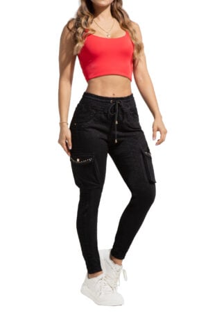 JEANS LEVANTACOLA TIPO JOGGER NEGRO PRETINA Y BOTA RESORTADA TELA CON BRILLOS – 64473