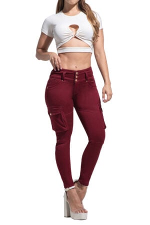 JEANS LEVANTACOLA VINOTINTO CON BOLSILLOS CARGO BOTA SKINNY – 80818