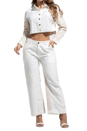 SET CHAQUETA + PANTALON TELA BORDADA TONO A TONO COLOR MARFIL BOTA ANCHA – 80795