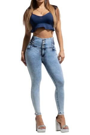JEANS LEVANTACOLA AZUL CLARO PRETINA Y BOLSILLOS DECORADOS CON PEDRERIA – 71316