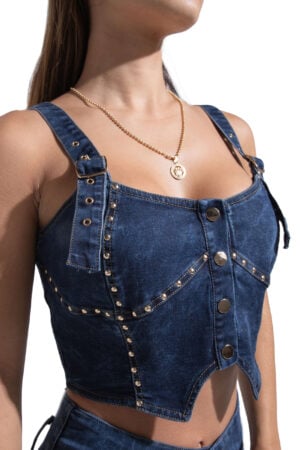 SET CROP TOP +JEANS LEVANTA COLA AZUL OSCURO BOLSILLOS CARGO BOTA SKINNY – 644361
