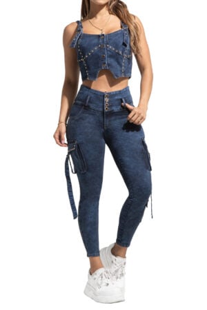 SET CROP TOP +JEANS LEVANTA COLA AZUL OSCURO BOLSILLOS CARGO BOTA SKINNY – 644361