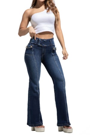 JEANS AZUL MEDIO CON BOLSILLOS FUNCIONALES CORTES EN PIERNA BOTA ANCHA – 50520