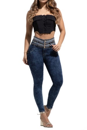 JEANS DISEÑO AZUL OSCURO JASPEADO CON PEDRERIA CORTES EN PRETINA BOTA SKINNY – 64470