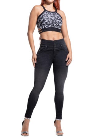 JEANS LEVANTACOLA NEGRO CON MANUALIDAD DE DESGASTE BOTA SKINNY – 50522