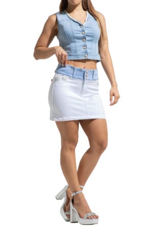 SET FALDA LEVANTA COLA BLANCA + BLUSA EN COLOR AZUL AMBIENTADO CON PERLAS – 71256