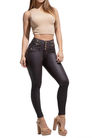 JEANS LEVANTACOLA CAFE EFECTO CUERO SIN BOLSILLOS BOTA SKINNY – 90738