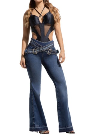 JEANS LEVANTACOLA AZUL OSCURO SIN BOLISLLOS CINTURON CRUZADO CON OJALETES BOTA ANCHA CON TERMINACION RUSTICA – 90737