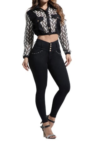 CONJUNTO DE CHAQUETA Y PANTALON NEGRO CON MALLA PANTALON AMBIENTADO CON PEDRERIA – 71327
