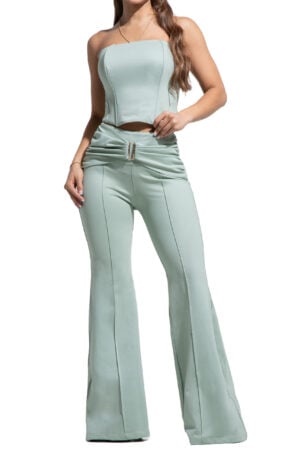 SET CROP TOP + PANTALON COLOR VERDE PISTACHO BOTA ANCHA SIN BOLSILLOS – 50529
