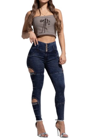 JEANS LEVANTACOLA AZUL OSCURO CON ABERTURA EN LATERALES BOTA SKINNY – 64444