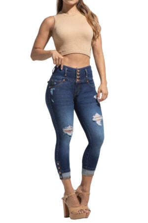 JEANS LEVANTA COLA AZUL MEDIO CON DESTROYED – PEDRERIA BOTA SKINNY  – 71342