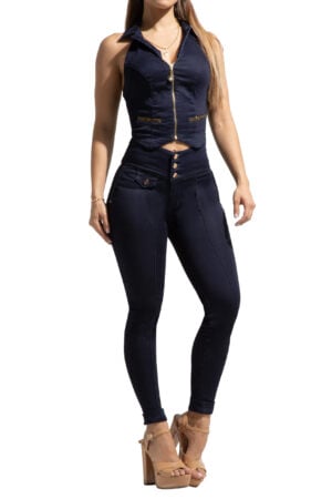 SET CROP TOP + JEANS AZUL OSCURO CON PEDRERIA BOTA SKINNY LEVANTA COLA – 90753