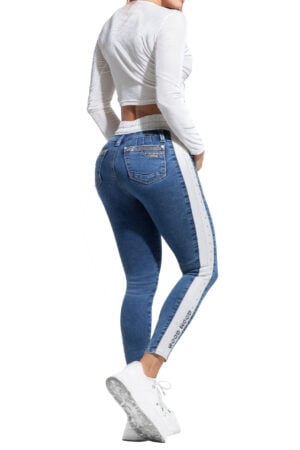 JEANS LEVANTACOLA AZUL MEDIO CON PRETINA RESORTADA CORTES EN LATERALES BOTA SKINNY – 64427
