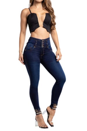 JEANS LEVANTACOLA AZUL OSCURO SIN BOLSILLOS BOTA SKINNY CON PEDRERIA – 71333