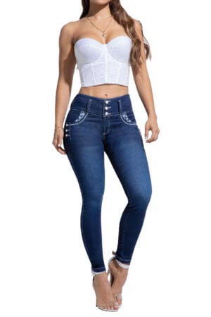 JEANS LEVANTACOLA AZUL OSCURO CON BOLSILLOS BORDADOS AMBIENTADOS CON PEDRERIA BOTA SKINNY – 80813
