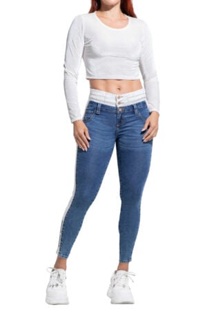 JEANS LEVANTACOLA AZUL MEDIO CON PRETINA RESORTADA CORTES EN LATERALES BOTA SKINNY – 64427