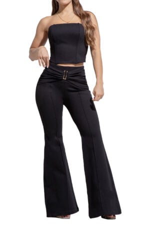SET CROP TOP + PANTALON COLOR NEGRO BOTA ANCHA SIN BOLSILLOS – 505291