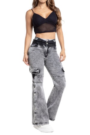 JEANS COLOR GRIS BOLSILLOS CARGO BOTA ANCHA CON HERRAJES- 64513