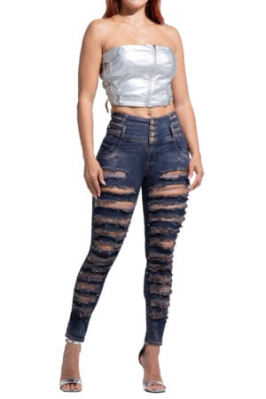 JEANS LEVANTA COLA AZUL MEDIO DIRTY ROSA CON DESTROYED AMBIENTADO CON PEDRERIA BOTA SKINNY – 64488