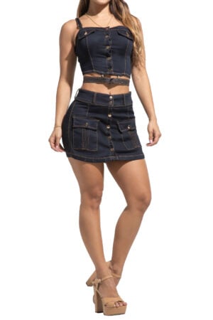 SHORT LEVANTA COLA AZUL OSCURO + CROP TOP CON CORTES, MALLA AMBIENTADOS CON HERRAJES DORADOS- 71315