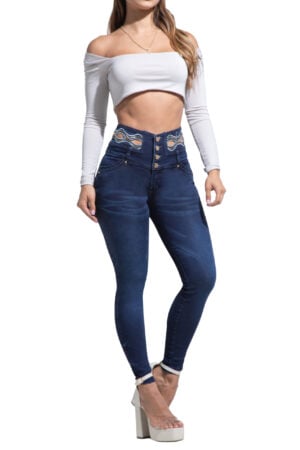 JEANS LEVANTACOLA AZUL OSCURO SIN BOLSILLOS PRETINA BORDADA TROQUELADA AMBIENTADA CON PEDRERIA – 80807