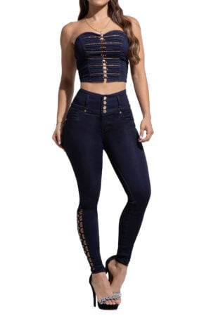 SET CROP TOP + JEANS AZUL OSCURO AMBIENTADO CON PEDRERIA – 71321
