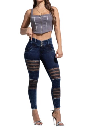 JEANS LEVANTACOLA AZUL OSCURO CON CORTES AMBIENTADOS CON MALLA BOTA SKINNY – 64501