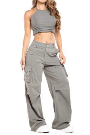 SET PANTALON VERDE OLIVA CON BOLSILLOS CARGO CROP TOP – 64472