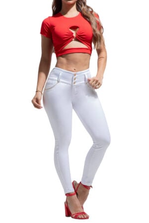 JEANS LEVANTACOLA BLANCO CON BOLSILLOS BORDADO EN LATERALES AMBIENTADO CON PEDRERIA BOTA SKINNY – 80816