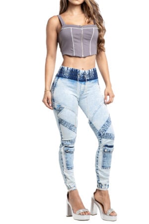 JEANS LEVANTA COLA AZUL CLARO PRETINA Y BOTA RESORTADA TIPO JOGGER – 90755